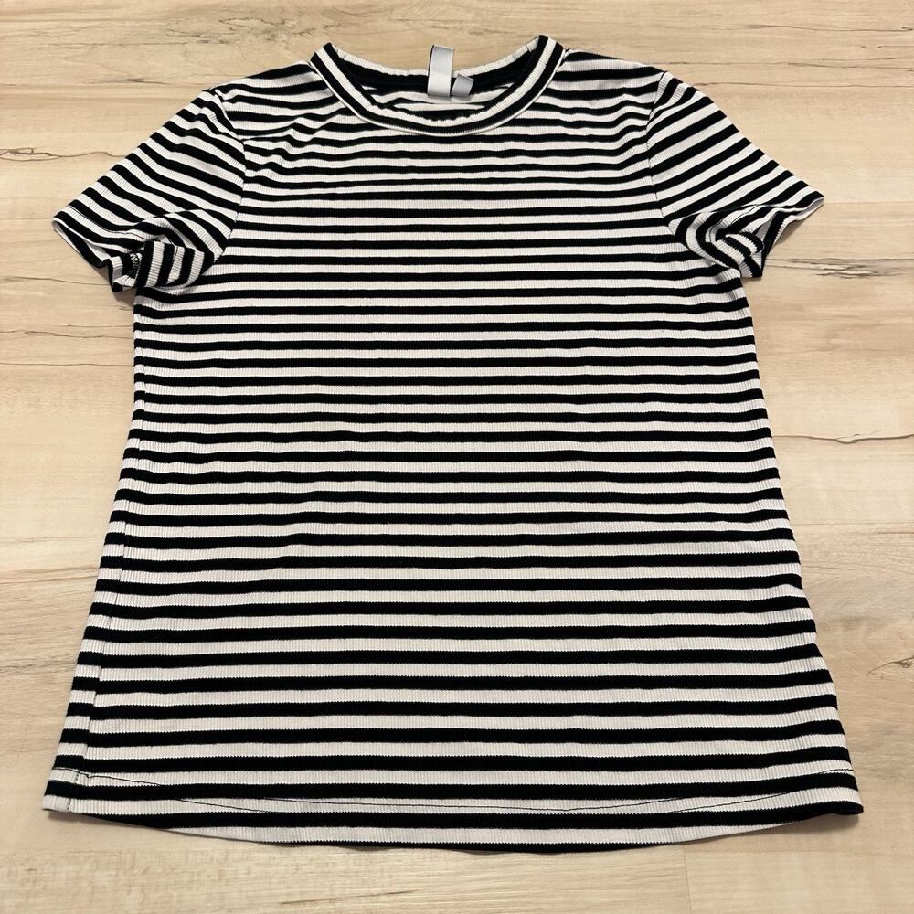 & OTHER STORIES Women S Shirt Crewneck Cotton Short Sleeve Striped Black White